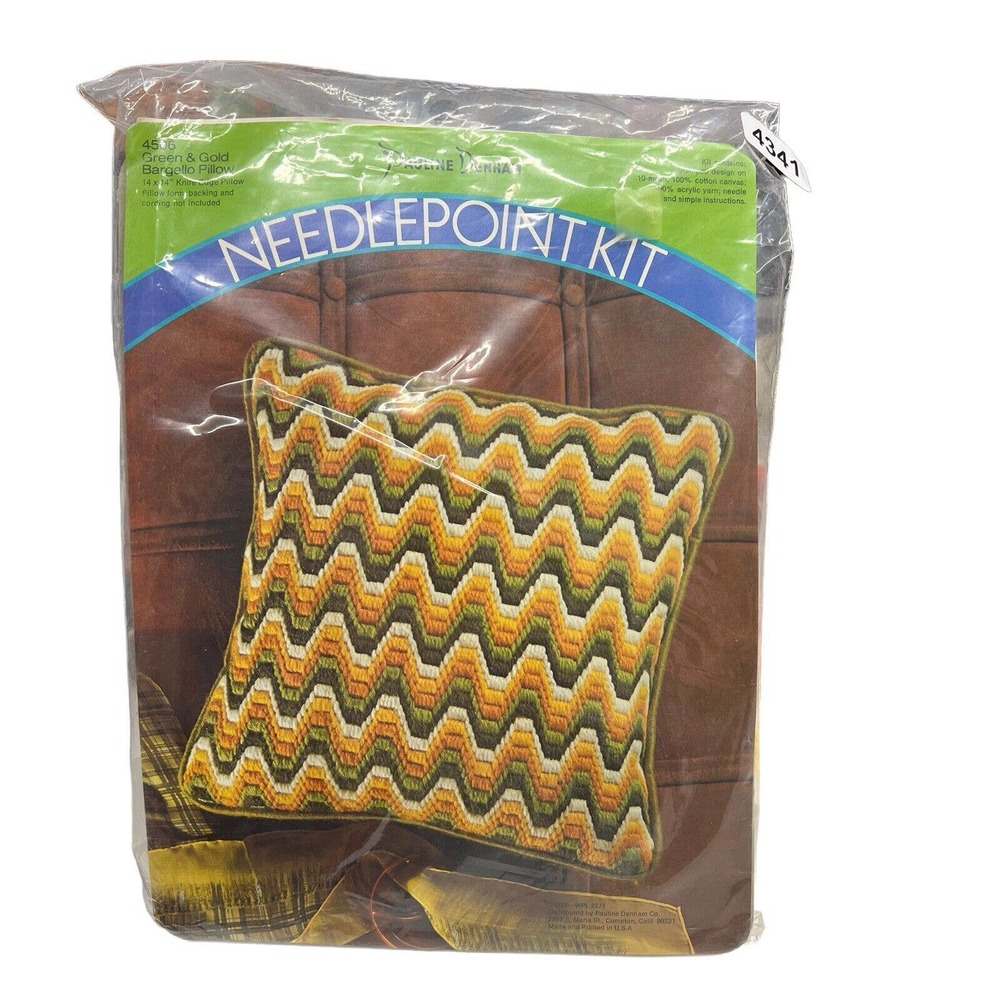 Vintage 1972 Pauline Denham Green Gold Bargello Pillow 14 x 14 Kit‎